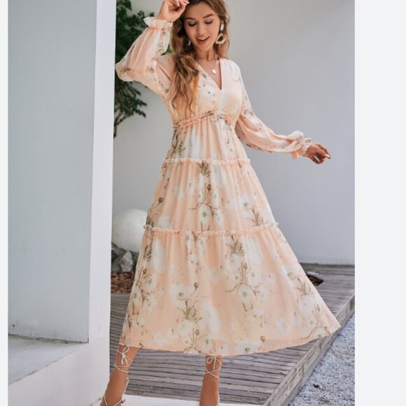 Simplee Apparel Dresses & Skirts - Simplee EUC pastel floral long sleeve tiered chiffon dress size xl